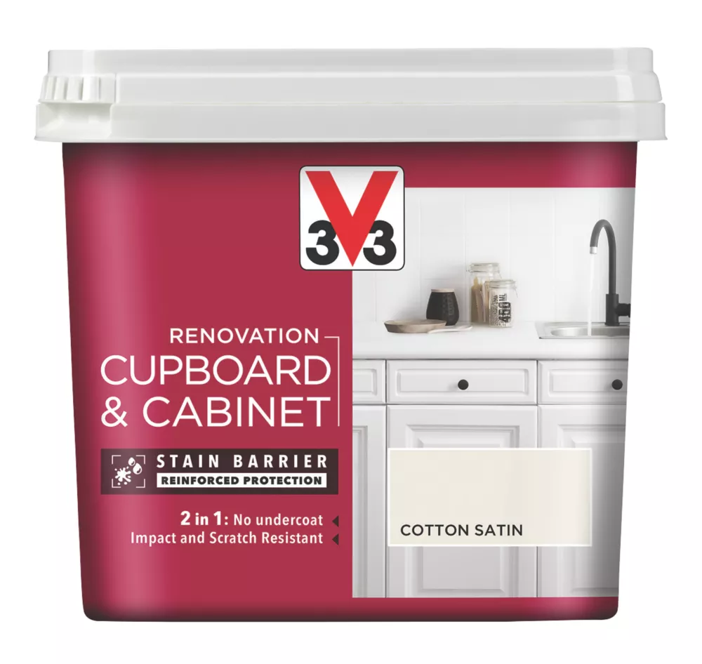 V33 Satin Cotton Off-White Trim Cabinet Paint 750ml 1 V33 Satin Cotton Off-White Trim Cabinet Paint 750ml