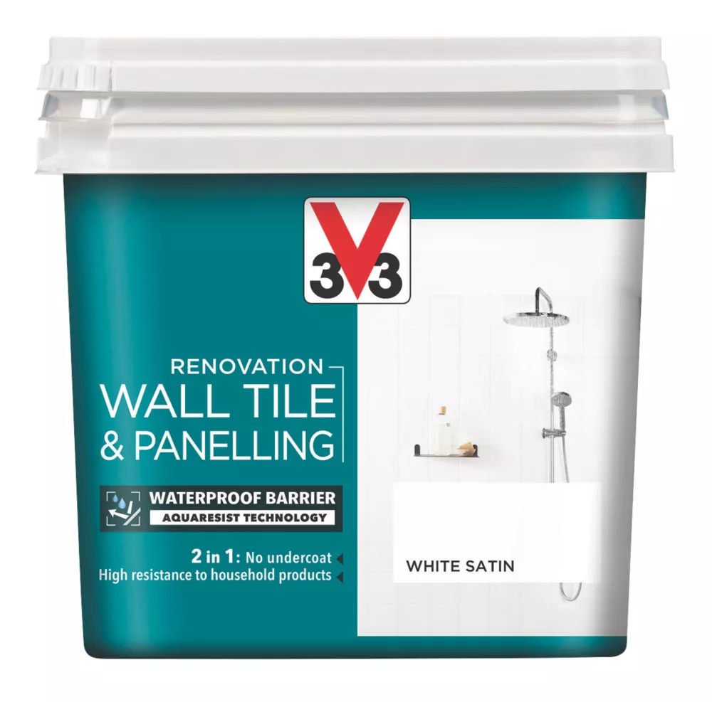 V33 Satin White Acrylic Wall Tile & Panelling Paint 750ml 1 V33 Satin White Acrylic Wall Tile & Panelling Paint 750ml