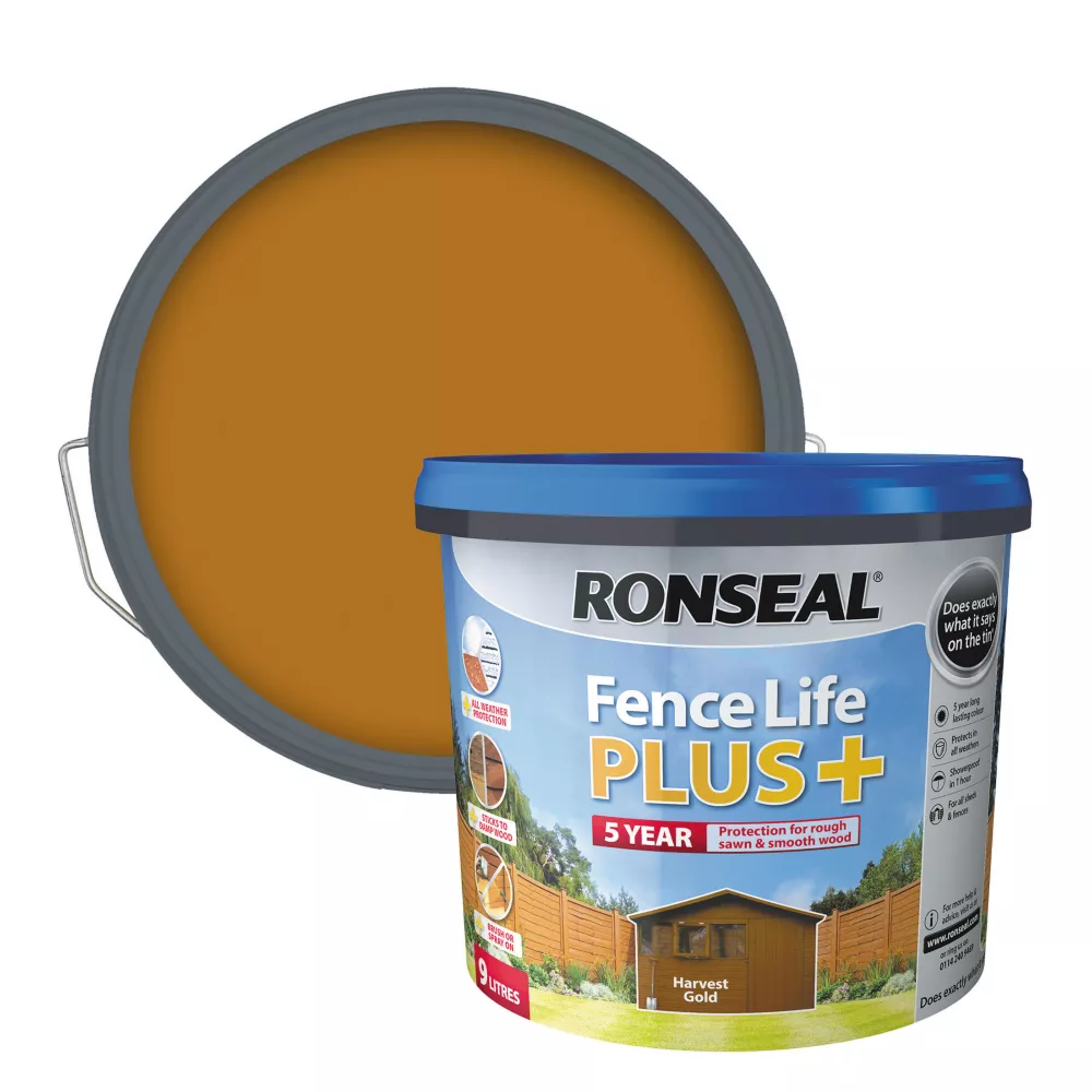 Ronseal Fence Life Plus Shed & Fence Treatment Harvest Gold 9Ltr 2 Ronseal Fence Life Plus Shed & Fence Treatment Harvest Gold 9Ltr - Image 2