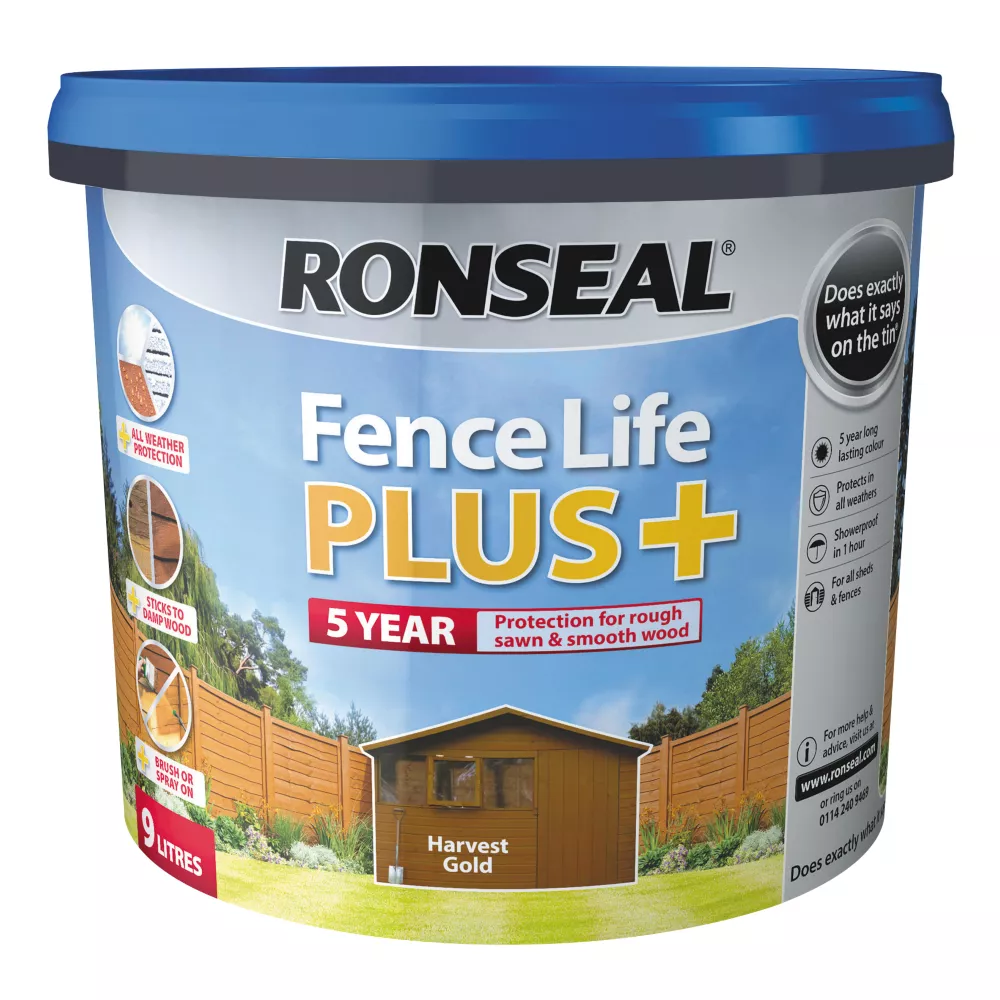 Ronseal Fence Life Plus Shed & Fence Treatment Harvest Gold 9Ltr 1 Ronseal Fence Life Plus Shed & Fence Treatment Harvest Gold 9Ltr